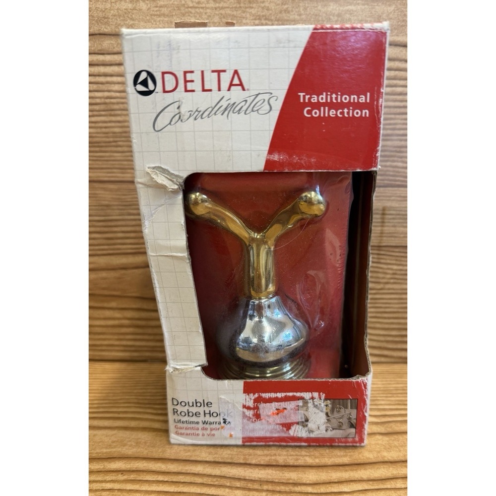 Vtg Delta Coordinates Double Robe Hook Chrome/ Brass Finish Fixture NEW